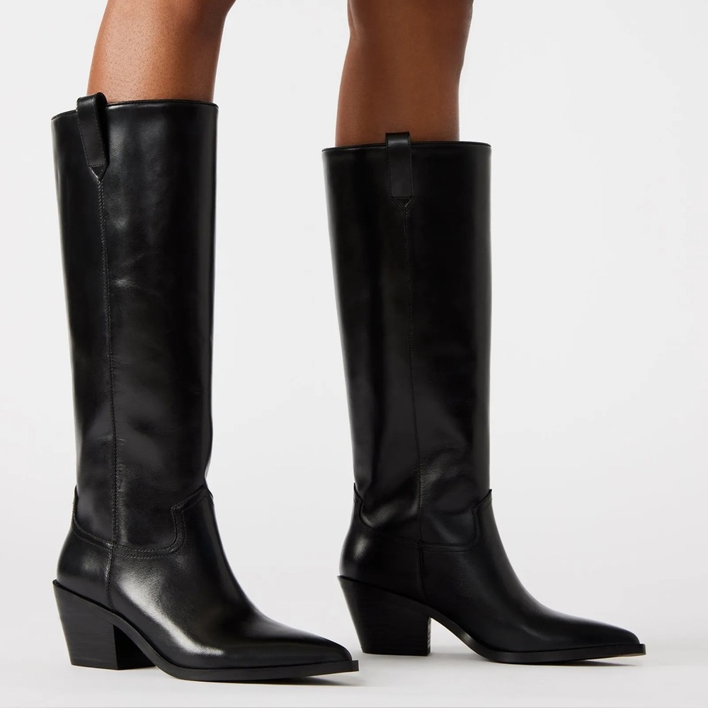 Steve Madden Black Leather Stallion Pointed Toe Knee High Boots Size 11 New